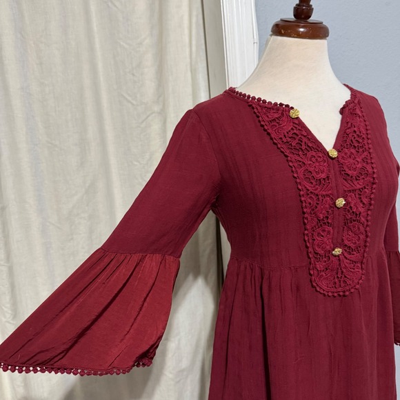 Knox Rose Women Burgundy Lace Front Bell Sleeve Boho Peasant Cottagecore Dress M - Picture 5 of 13
